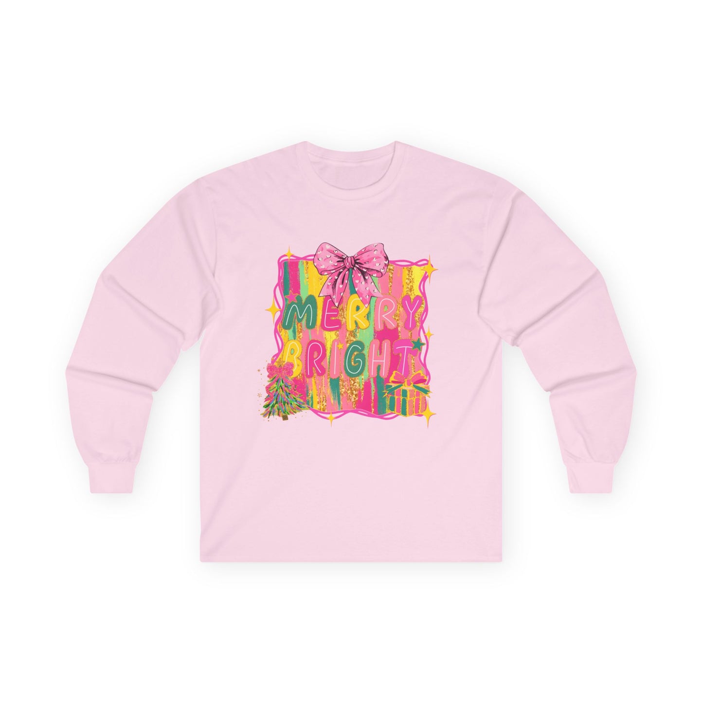 Merry Bright Long Sleeve Tee — Colorful Holiday Graphic Shirt