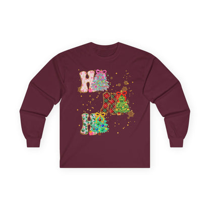 Long Sleeve Tee — Festive 'HO HO HO' Floral Christmas Design