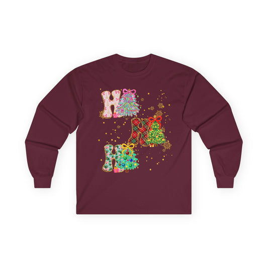 Long Sleeve Tee — Festive 'HO HO HO' Floral Christmas Design
