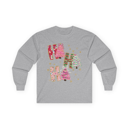 Christmas 'Ho Ho Ho' Long Sleeve Tee — Festive Pink & Green Holiday Shirt