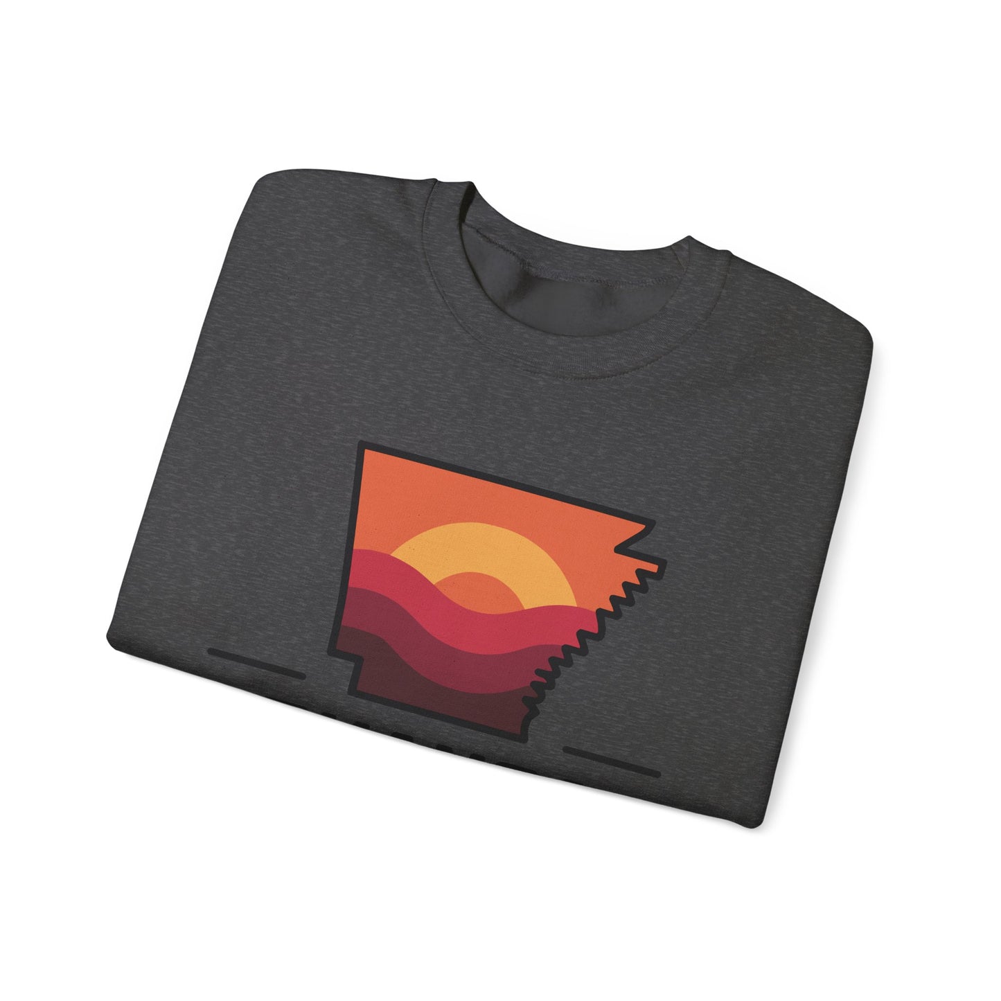 Arkansas Sunset Crewneck Sweatshirt — State Map Graphic, Est. 1836