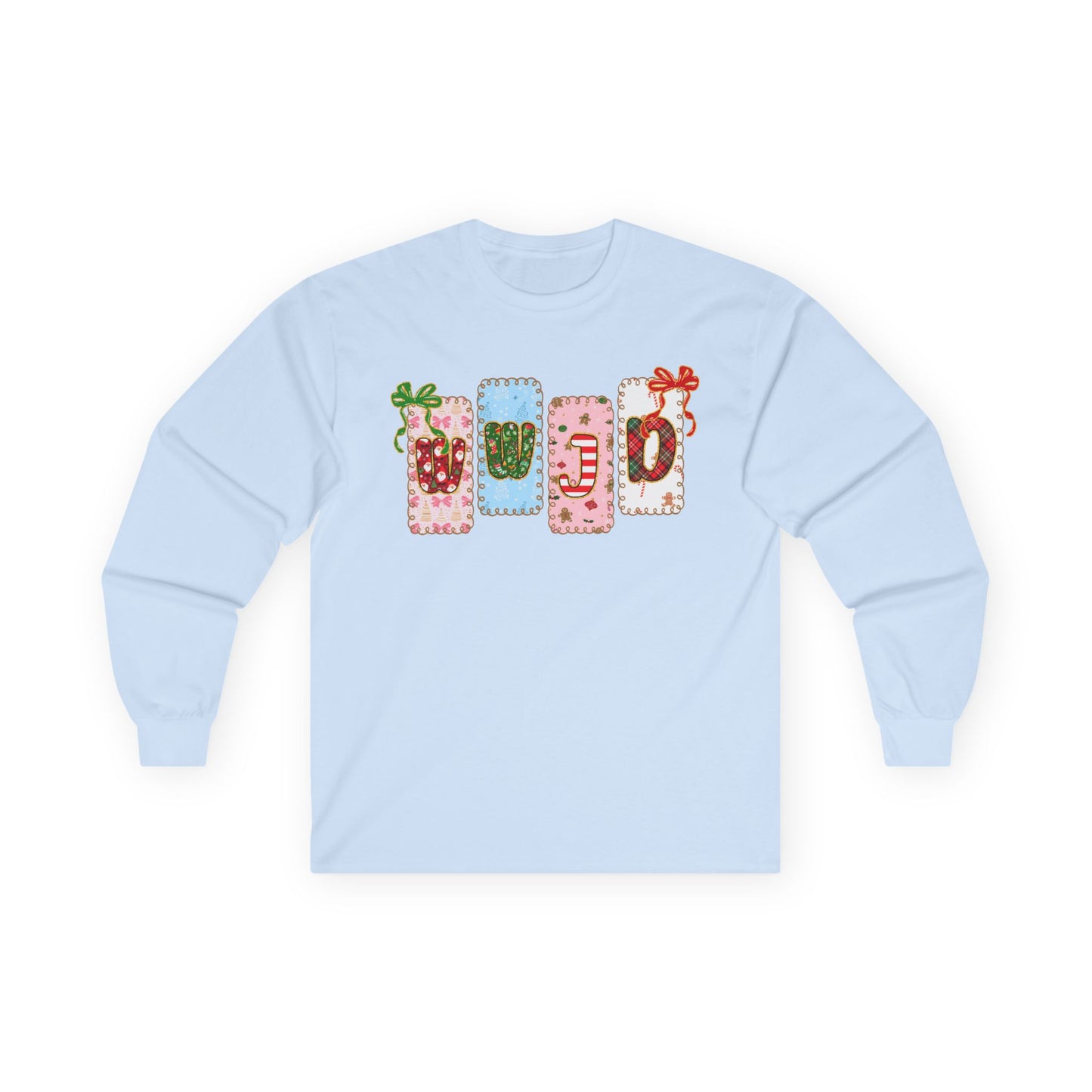 Long Sleeve Tee — Festive Gift Tag Graphic (Holidays, Christmas)