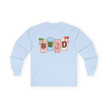 Long Sleeve Tee — Festive Gift Tag Graphic (Holidays, Christmas)