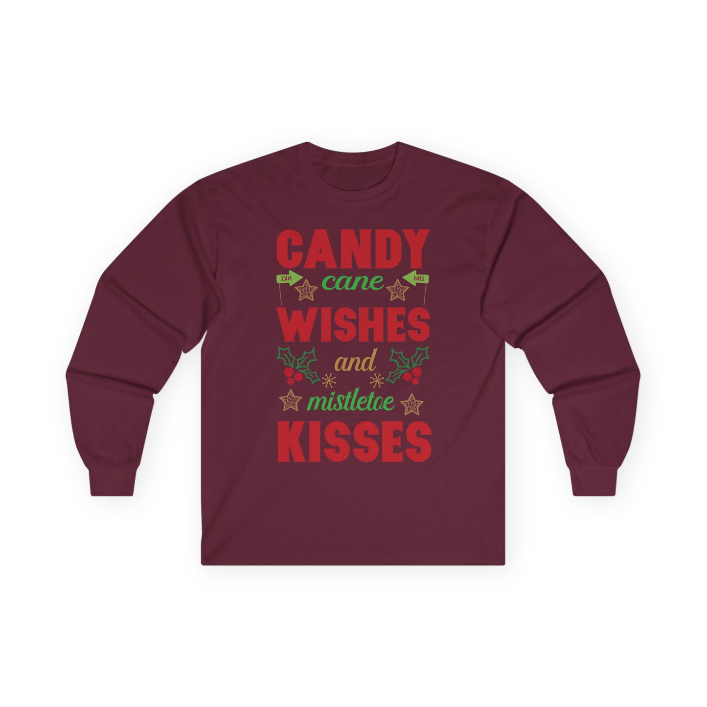 Candy Cane Wishes Long Sleeve Tee, Christmas Shirt, Holiday Gift, Mistletoe Apparel, Winter Fashion, Family Gathering Outfit
