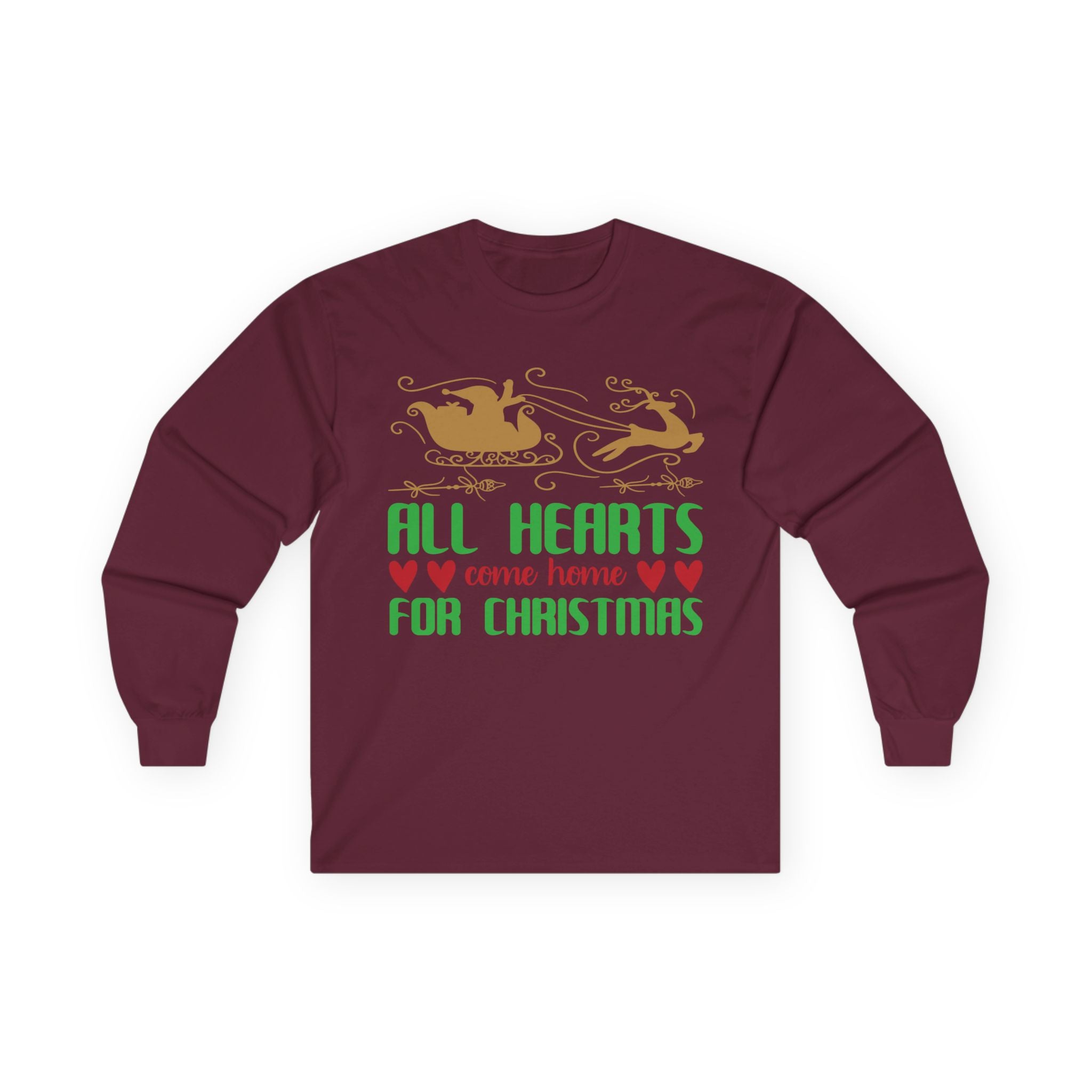 All Hearts Come Home Unisex Long Sleeve Tee, Cozy Holiday Shirt, Christmas Gift, Family Gathering Apparel, Winter Fashion