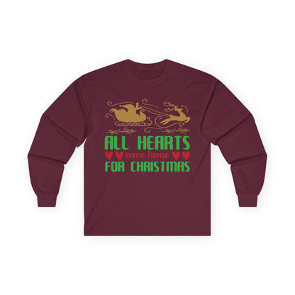 All Hearts Come Home Unisex Long Sleeve Tee, Cozy Holiday Shirt, Christmas Gift, Family Gathering Apparel, Winter Fashion