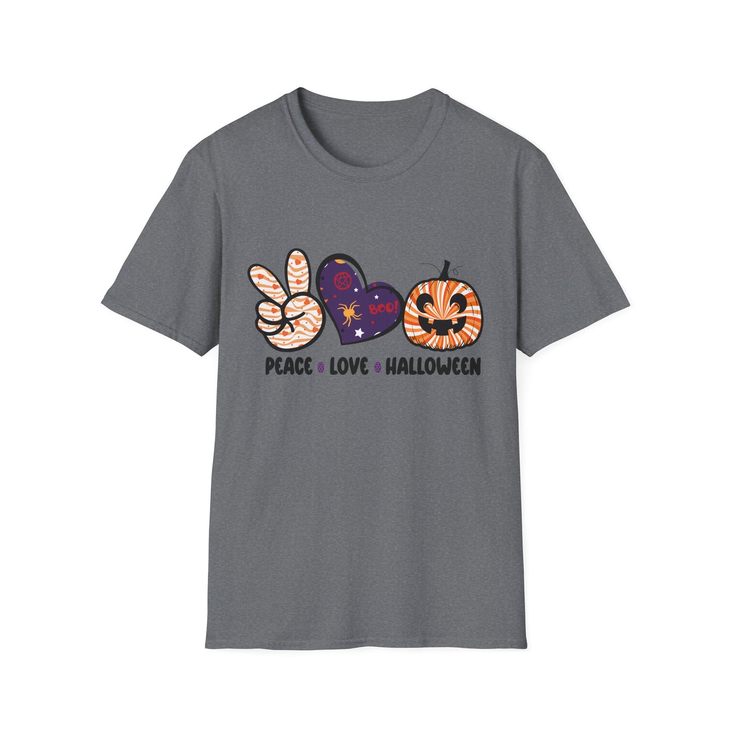 Halloween Peace Love T-Shirt, Unisex Graphic Tee for Fall Celebrations, Cozy Autumn Style, Perfect for Halloween Parties, Gifts
