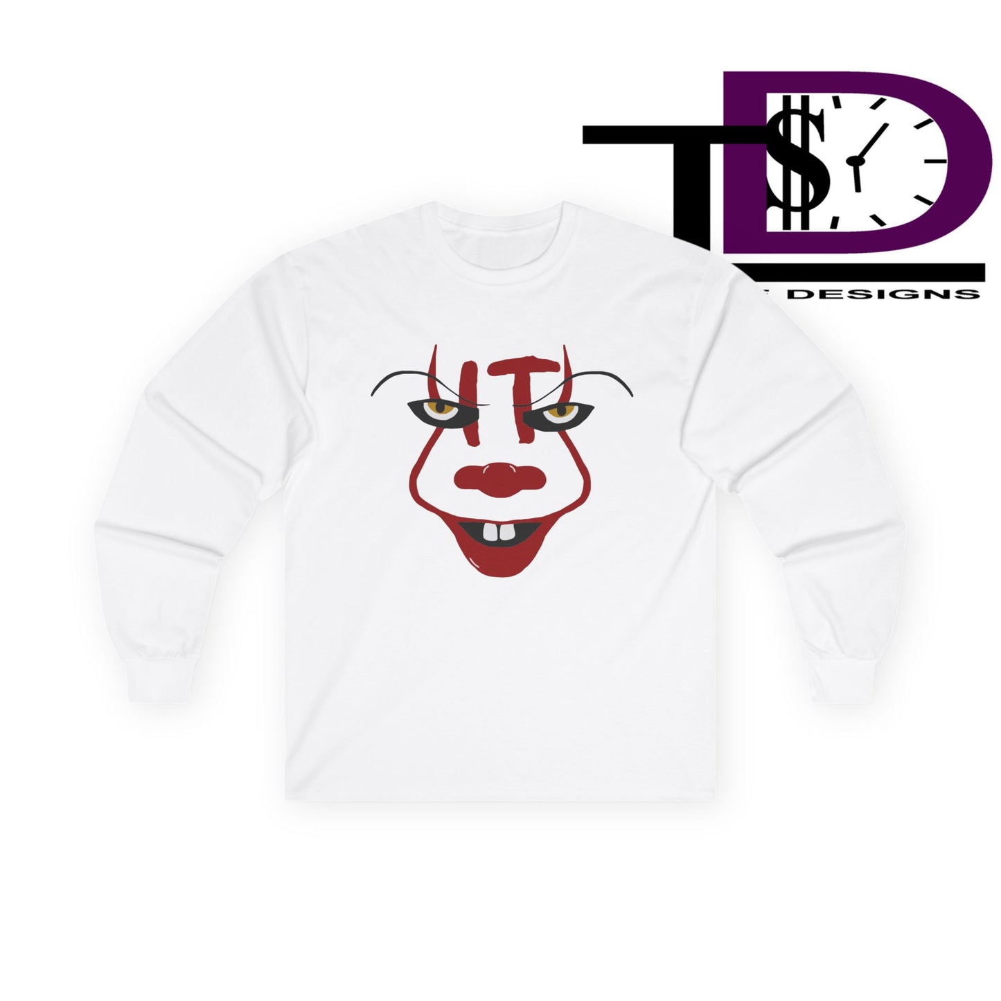 Creepy Clown Long Sleeve Tee, Unisex Halloween Shirt, Funny Costume Top, Fall Celebration Apparel, Spooky Graphic Tee, Horror Fan Gift
