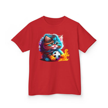 Cute Cat Soccer Kids Tee - Colorful Heavy Cotton Shirt for Young Sports Fans