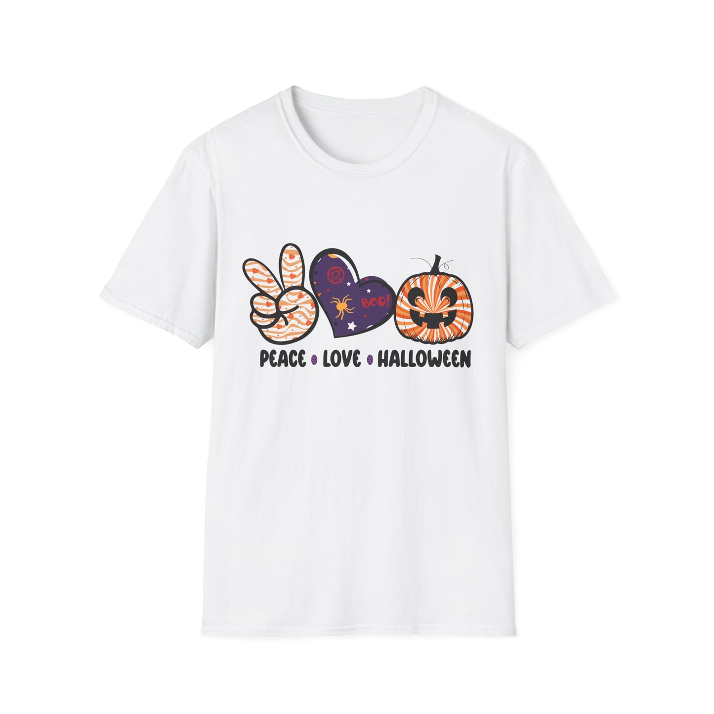 Halloween Peace Love T-Shirt, Unisex Graphic Tee for Fall Celebrations, Cozy Autumn Style, Perfect for Halloween Parties, Gifts