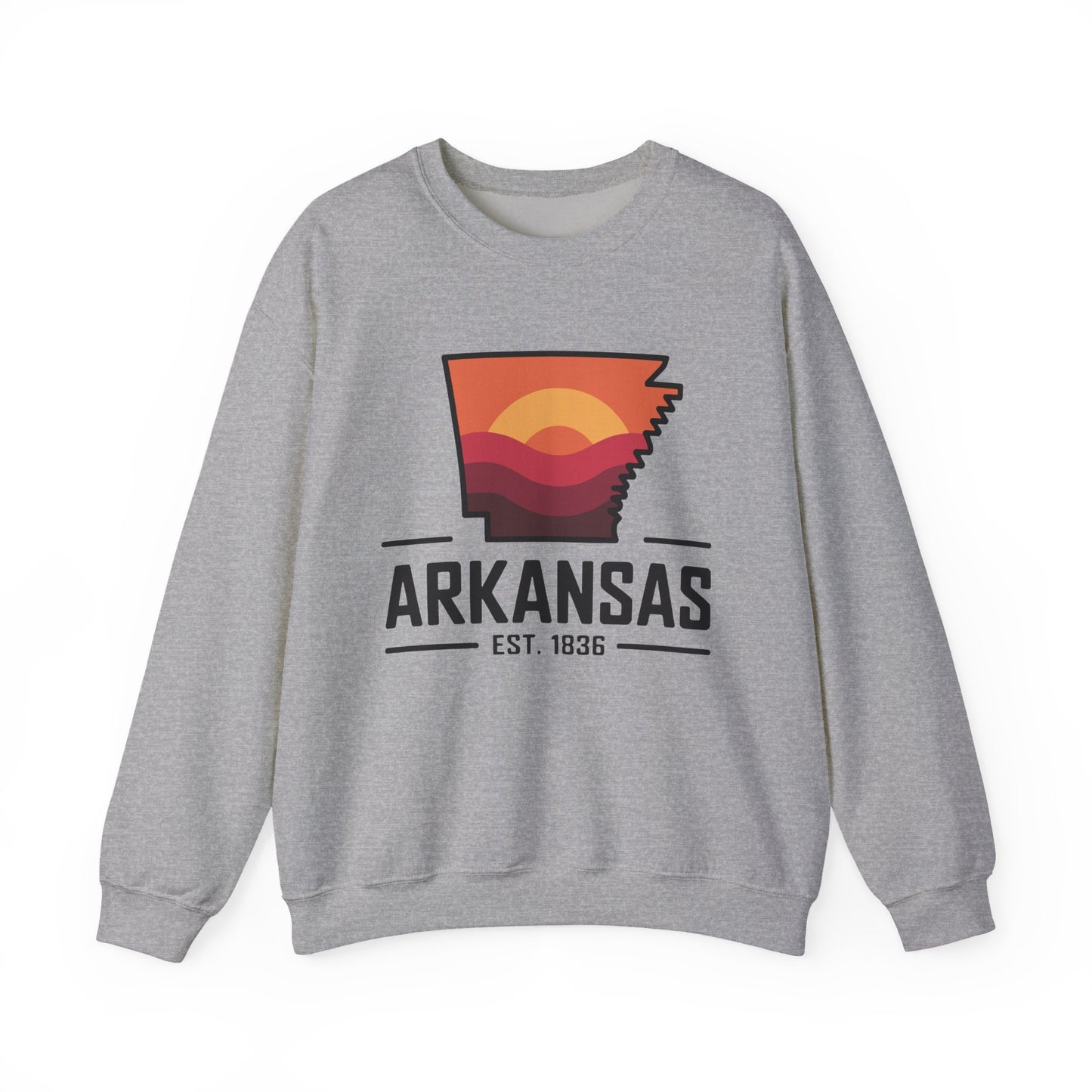 Arkansas Sunset Crewneck Sweatshirt — State Map Graphic, Est. 1836