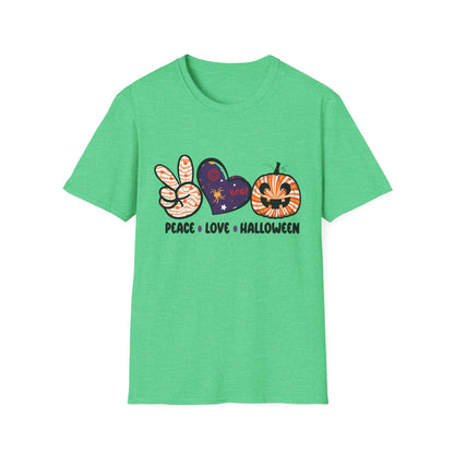 Halloween Peace Love T-Shirt, Unisex Graphic Tee for Fall Celebrations, Cozy Autumn Style, Perfect for Halloween Parties, Gifts