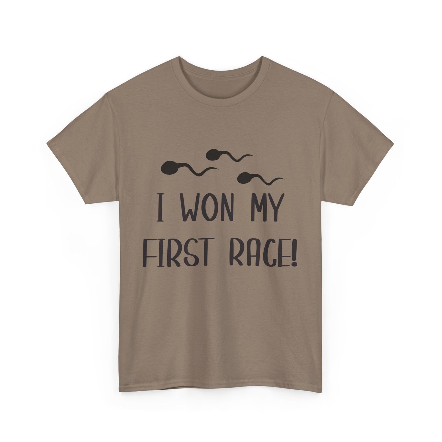 I Won My First Race! Unisex Heavy Cotton Tee - Fun Sperm Motif for New Dads and Celebrations