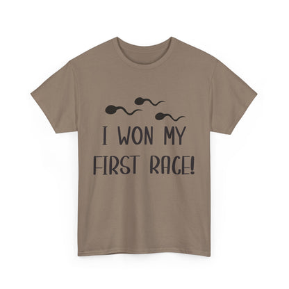 I Won My First Race! Unisex Heavy Cotton Tee - Fun Sperm Motif for New Dads and Celebrations