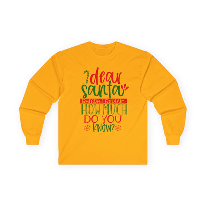 Unisex Holiday Long Sleeve Tee - 'Dear Santa, How Much Do You Know?' Christmas Shirt, Xmas Gift, Cozy Winter Wear, Fun Holiday Apparel