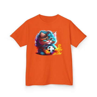 Cute Cat Soccer Kids Tee - Colorful Heavy Cotton Shirt for Young Sports Fans