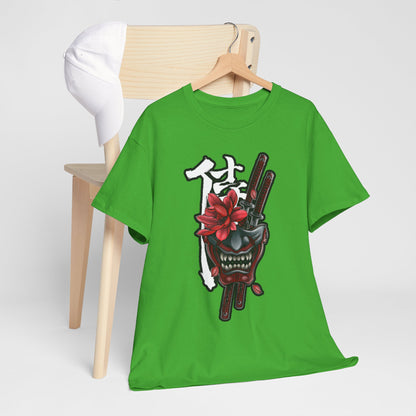 Unisex Heavy Cotton Tee - Floral Samurai Mask Design