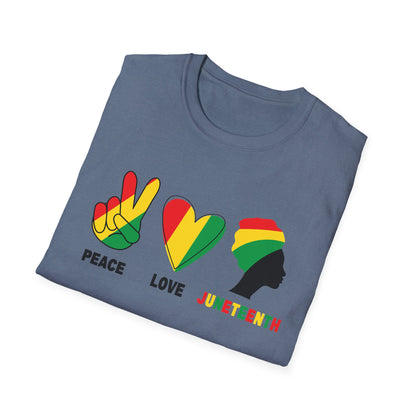 Juneteenth Peace Love Unisex Softstyle T-Shirt, Graphic Tee, Black History Month, Celebration Wear, Gift for Activists
