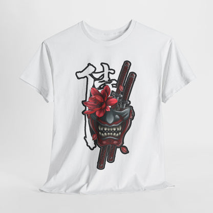 Unisex Heavy Cotton Tee - Floral Samurai Mask Design