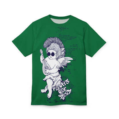 Whimsical Graphic Tee for Music Lovers, Trendy Casual Shirt, Fun Summer Wear, Unique Gift for Festivals, AOP Tee with Angel Design