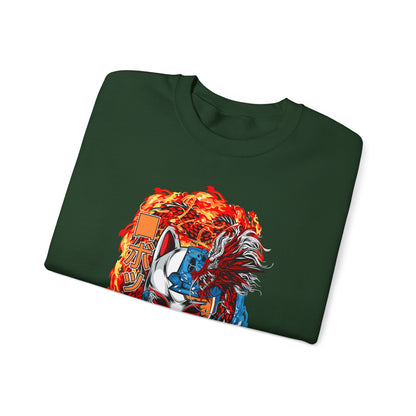 Kitsune Dragon Clash Crewneck Sweatshirt — Fiery Red & Blue Japanese Mask Design