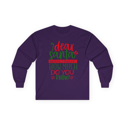 Unisex Holiday Long Sleeve Tee - 'Dear Santa, How Much Do You Know?' Christmas Shirt, Xmas Gift, Cozy Winter Wear, Fun Holiday Apparel