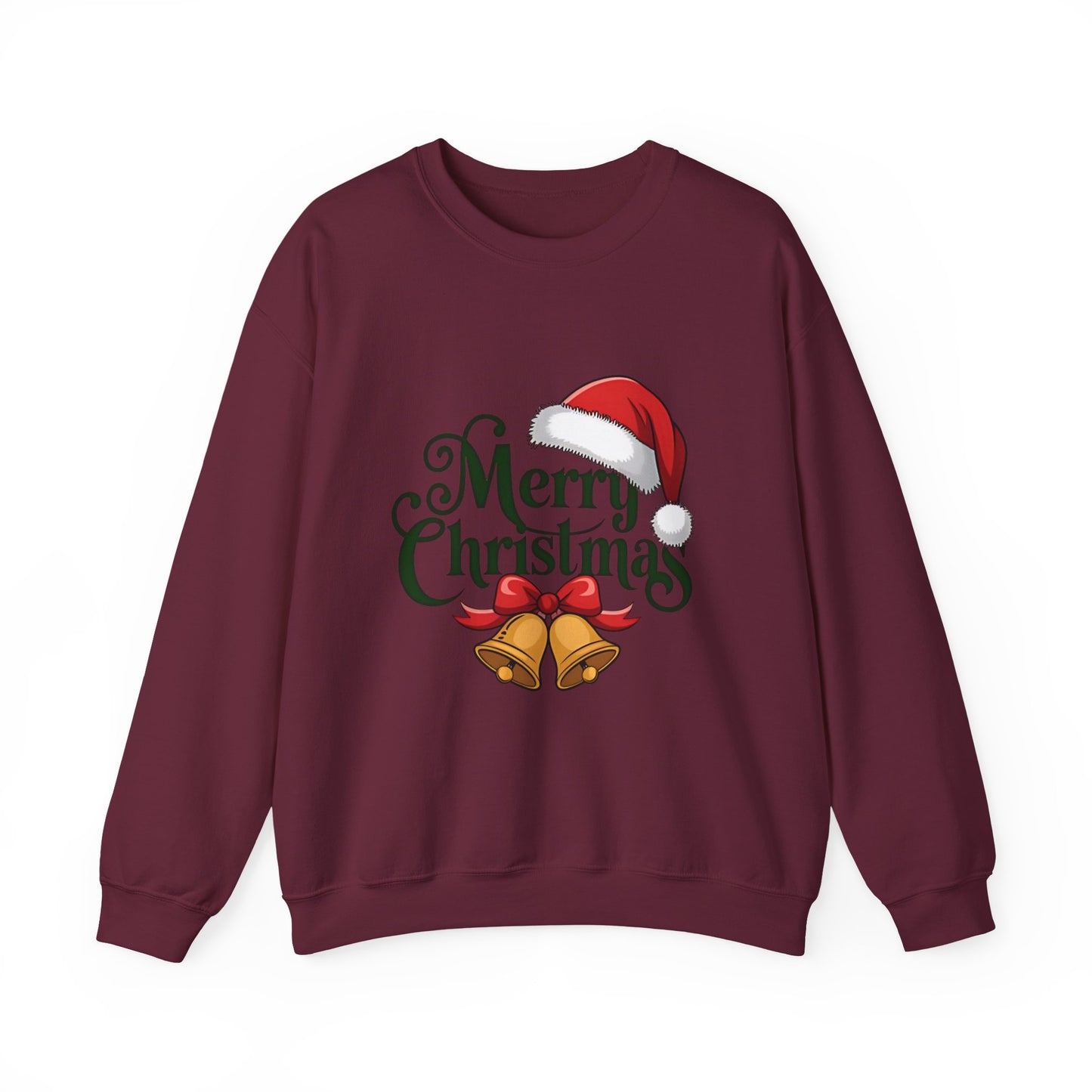 Christmas Crewneck Sweatshirt - "Merry Christmas" Santa Hat & Bells Holiday Sweater