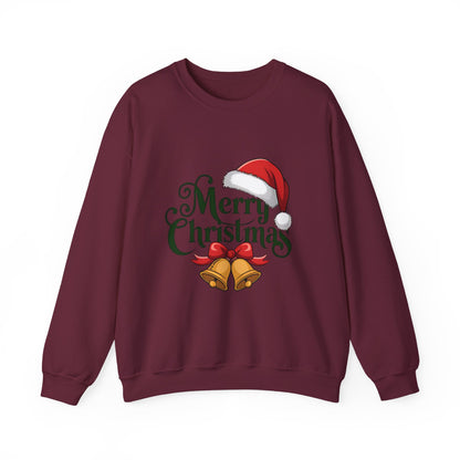 Christmas Crewneck Sweatshirt - "Merry Christmas" Santa Hat & Bells Holiday Sweater