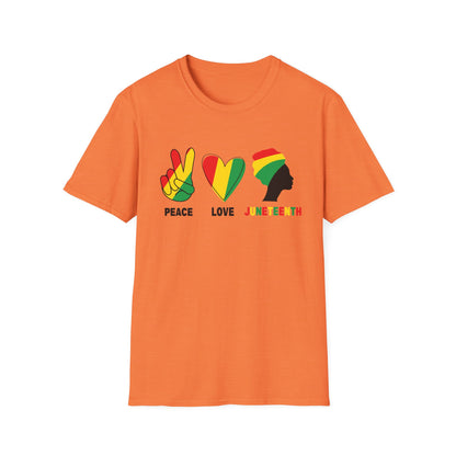 Juneteenth Peace Love Unisex Softstyle T-Shirt, Graphic Tee, Black History Month, Celebration Wear, Gift for Activists