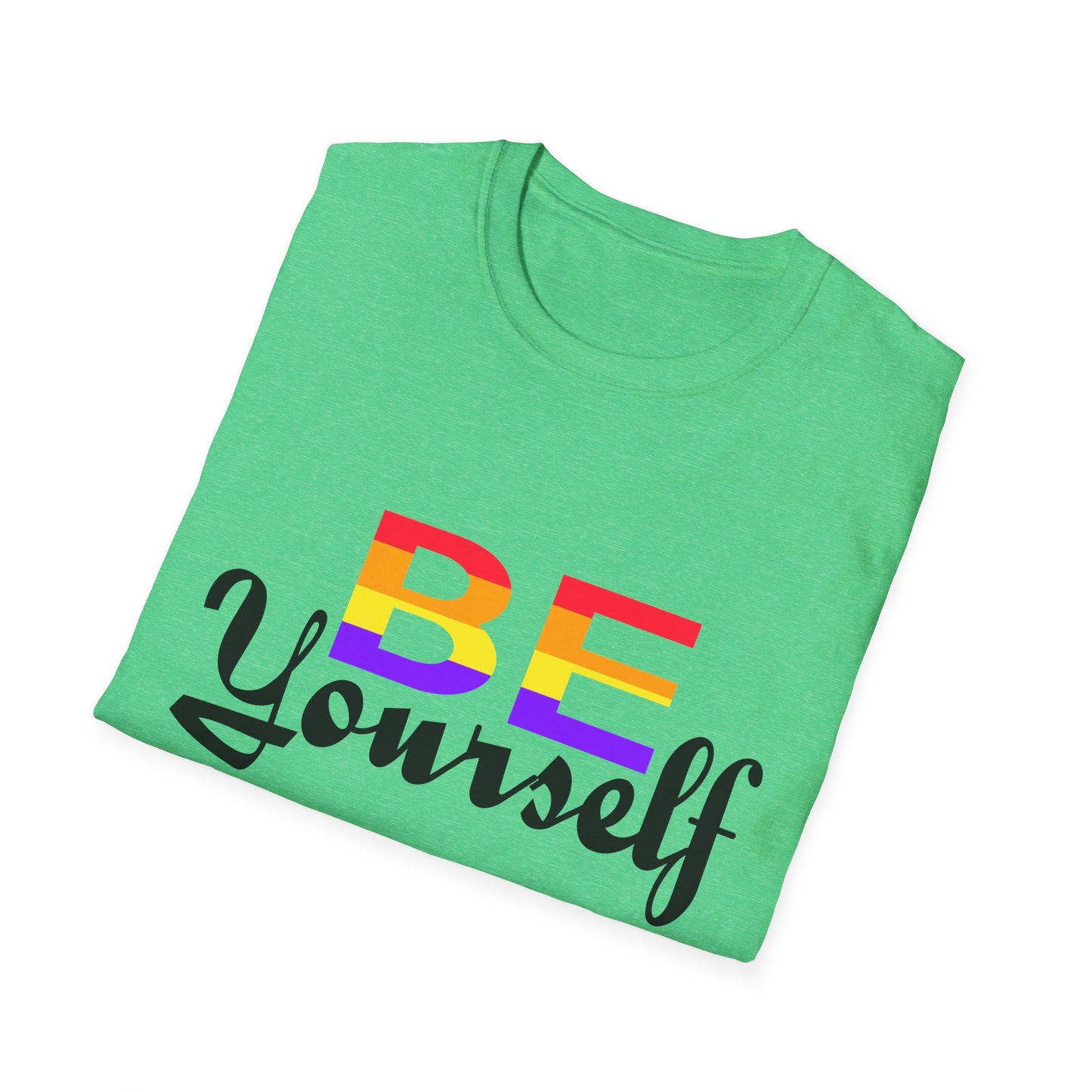 LGBTQ+ Pride Unisex T-Shirt, BE Yourself Quote Tee, Softstyle Graphic Shirt for Pride Month, Affirmation Apparel, Inclusive Fashion