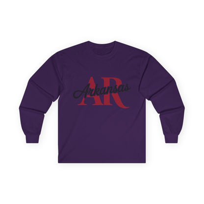 Arkansas AR Script Long Sleeve Tee — State Pride Graphic Shirt