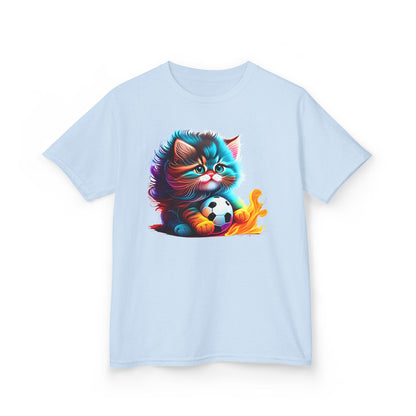 Cute Cat Soccer Kids Tee - Colorful Heavy Cotton Shirt for Young Sports Fans