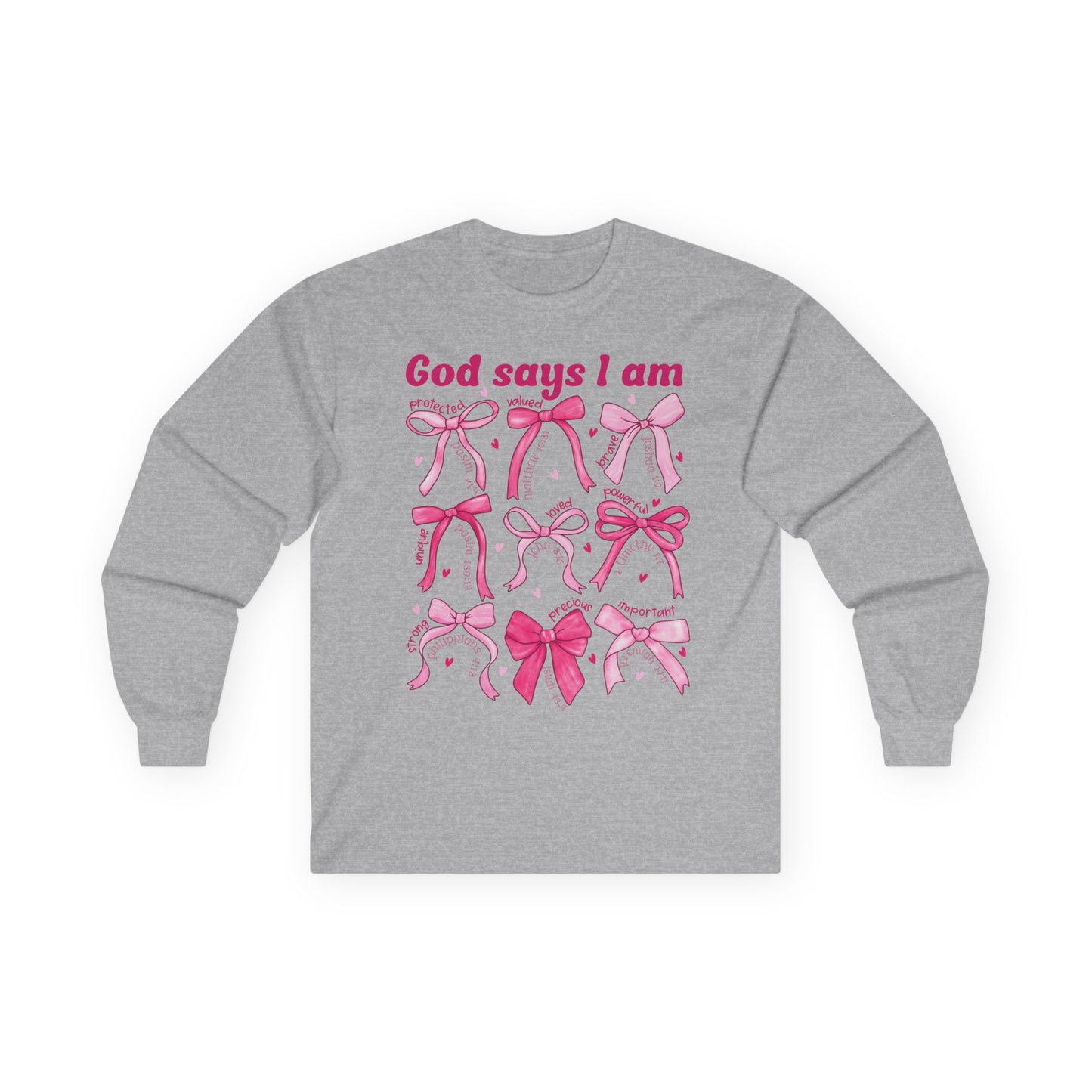 Long Sleeve Tee — "God Says I Am" Pink Ribbon Bows Breast Cancer Awareness