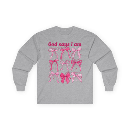 Long Sleeve Tee — "God Says I Am" Pink Ribbon Bows Breast Cancer Awareness