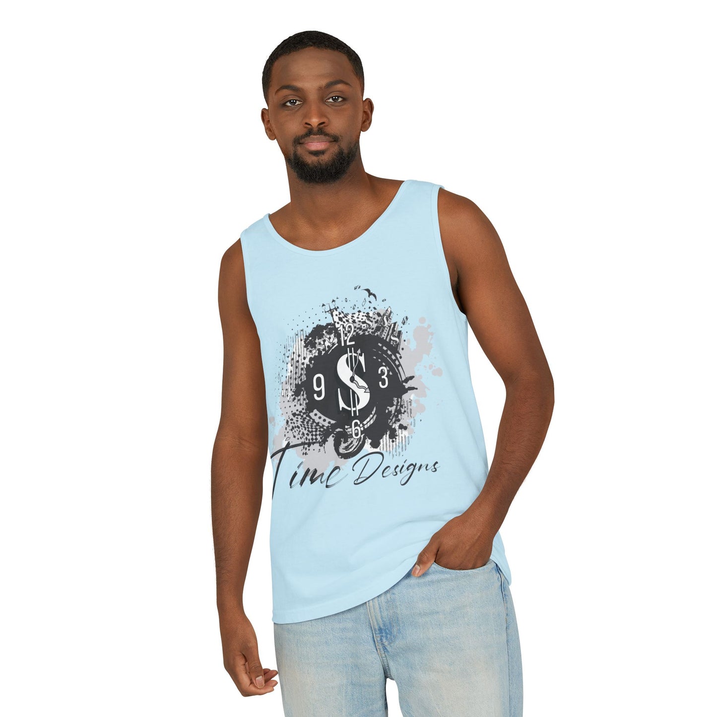 Unisex Garment-Dyed Tank Top with Time Designs - Casual Summer Wear, Beach Outfit, Gift for Friends, Vacation Essentials, Relaxed Style