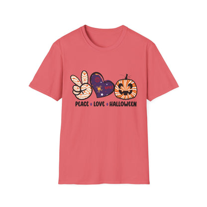 Halloween Peace Love T-Shirt, Unisex Graphic Tee for Fall Celebrations, Cozy Autumn Style, Perfect for Halloween Parties, Gifts