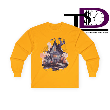 Spooky Haunted House Long Sleeve Tee, Halloween Shirt, Unisex Graphic Tee, Autumn Style, Cozy Fall Apparel, Horror T-Shirt