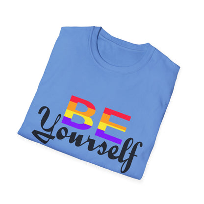 LGBTQ+ Pride Unisex T-Shirt, BE Yourself Quote Tee, Softstyle Graphic Shirt for Pride Month, Affirmation Apparel, Inclusive Fashion