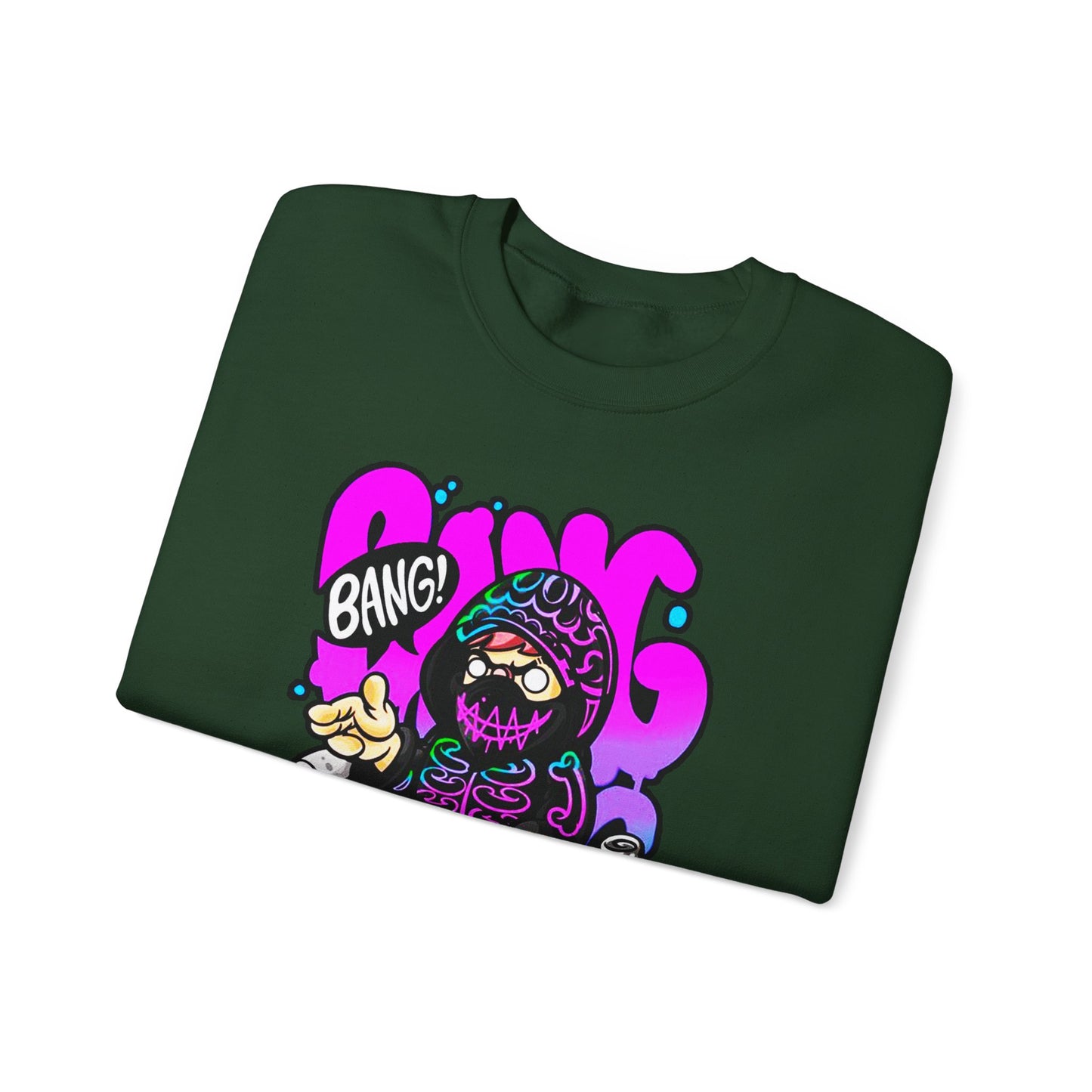 Streetwear Crewneck Sweatshirt — Cartoon Hoodie Character "BANG" Graphic