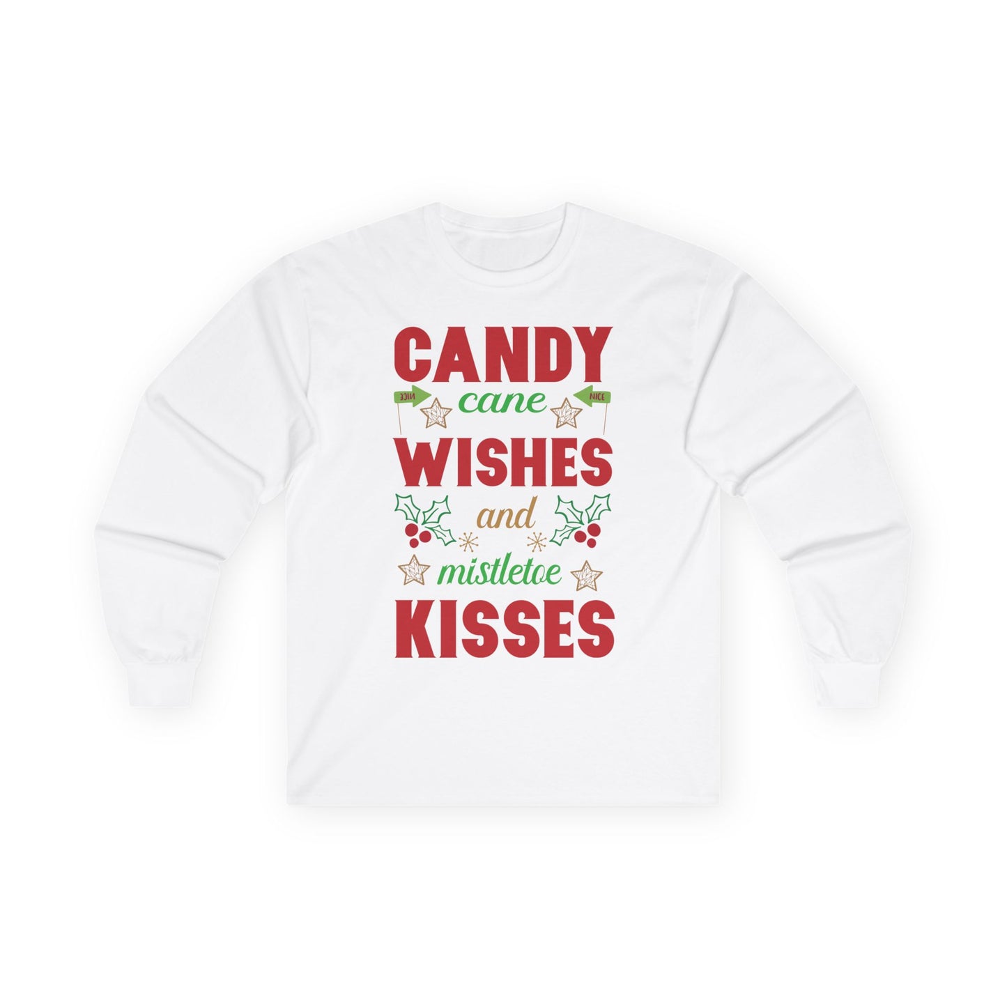 Candy Cane Wishes Long Sleeve Tee, Christmas Shirt, Holiday Gift, Mistletoe Apparel, Winter Fashion, Family Gathering Outfit