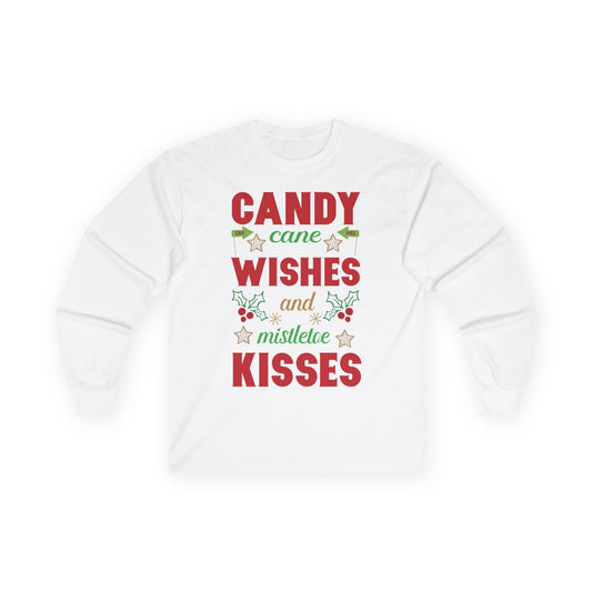 Candy Cane Wishes Long Sleeve Tee, Christmas Shirt, Holiday Gift, Mistletoe Apparel, Winter Fashion, Family Gathering Outfit