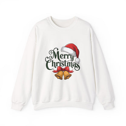 Christmas Crewneck Sweatshirt - "Merry Christmas" Santa Hat & Bells Holiday Sweater