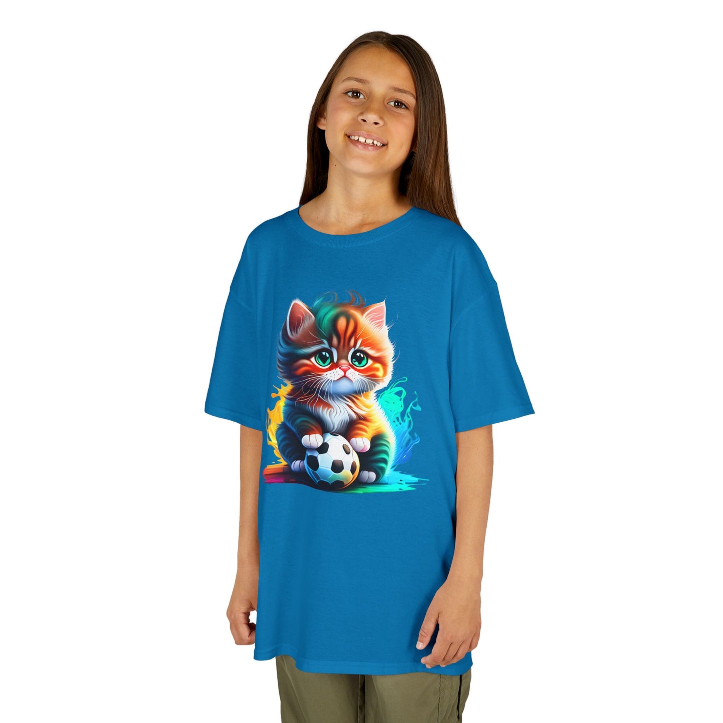 Playful Cat Soccer Kids Heavy Cotton™ Tee - Fun and Colorful T-Shirt for Young Animal Lovers