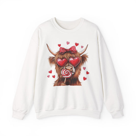 Valentine Highland Cow Crewneck Sweatshirt - Heart Eyes & Lollipop Cute Graphic