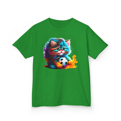 Cute Cat Soccer Kids Tee - Colorful Heavy Cotton Shirt for Young Sports Fans