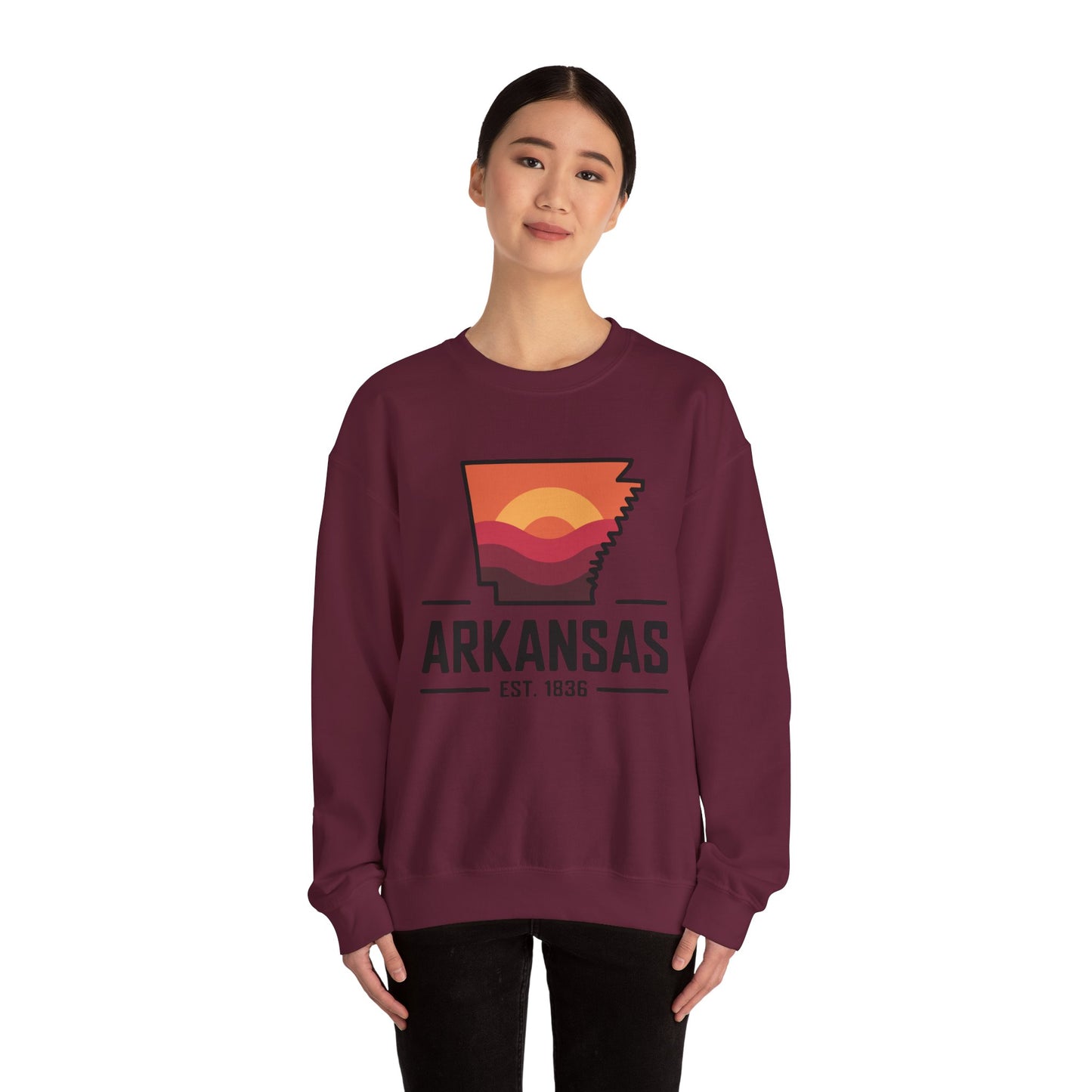 Arkansas Sunset Crewneck Sweatshirt — State Map Graphic, Est. 1836