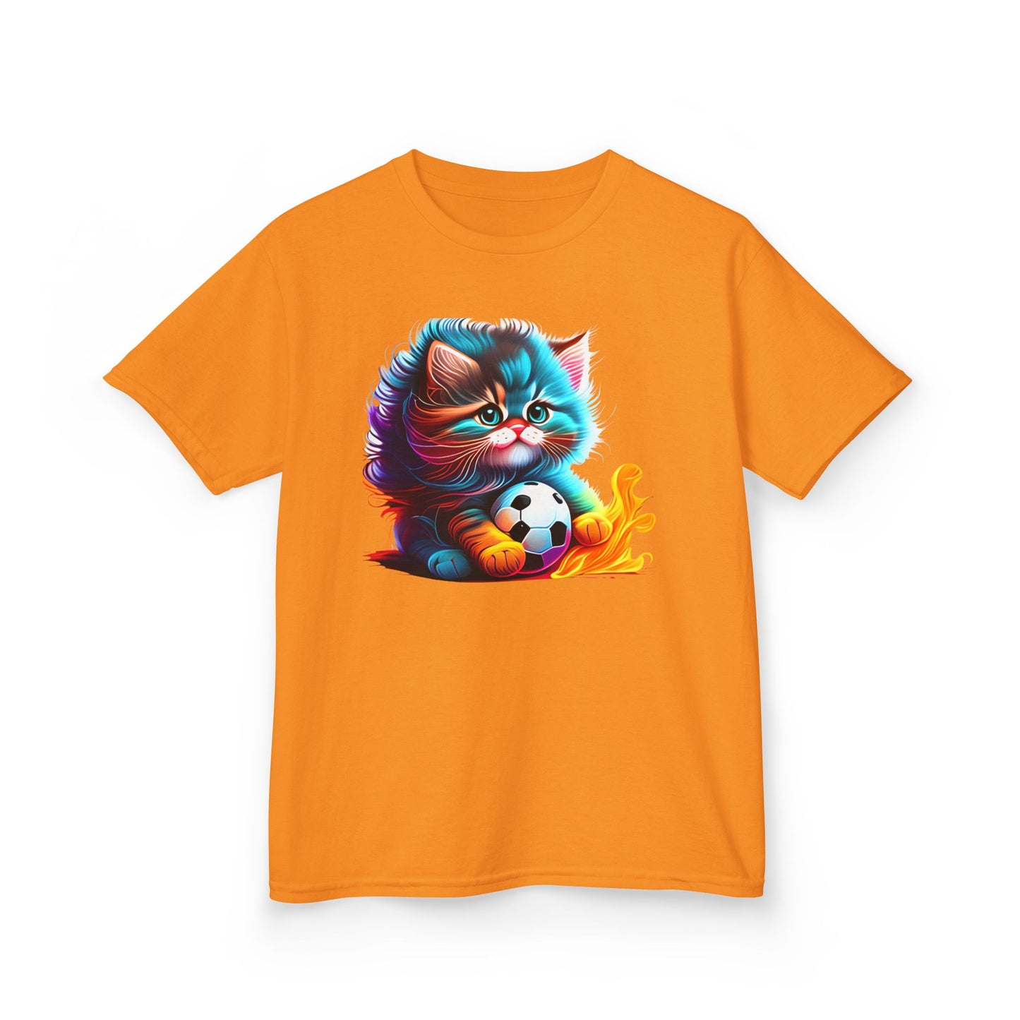 Cute Cat Soccer Kids Tee - Colorful Heavy Cotton Shirt for Young Sports Fans