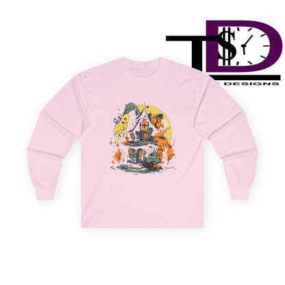 Halloween Haunted House Long Sleeve Tee, Unisex Shirt, Spooky Shirt, Fall Fashion, Ghosts and Ghouls Apparel, Gift for Halloween