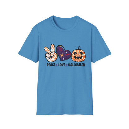 Halloween Peace Love T-Shirt, Unisex Graphic Tee for Fall Celebrations, Cozy Autumn Style, Perfect for Halloween Parties, Gifts