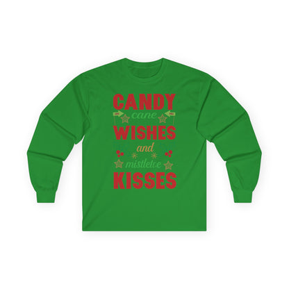 Candy Cane Wishes Long Sleeve Tee, Christmas Shirt, Holiday Gift, Mistletoe Apparel, Winter Fashion, Family Gathering Outfit